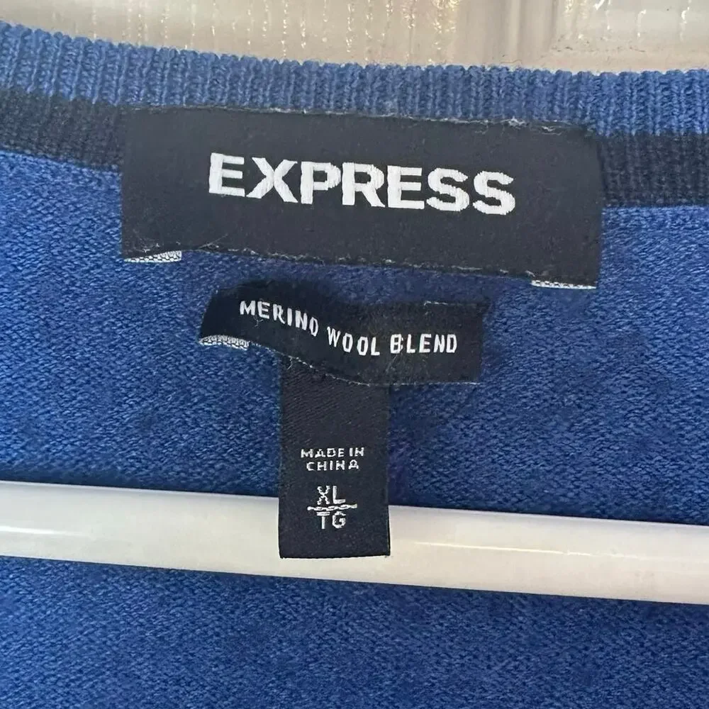 Express Men’s V-Neck Merino Wool Blend‎ Long Sleeve Sweater Size XL Blue Office